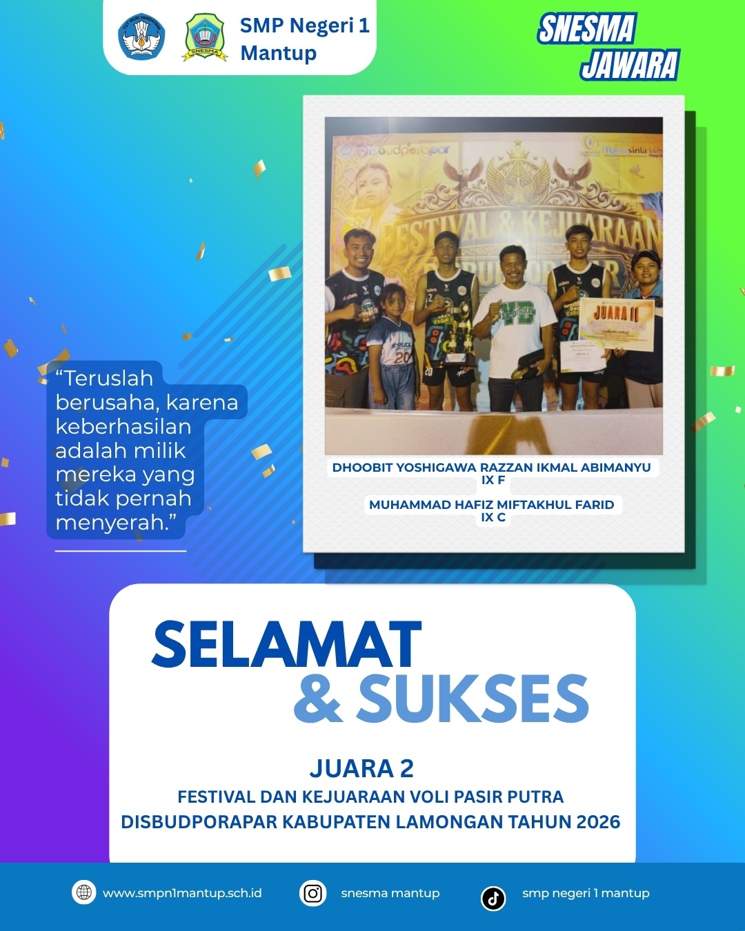 TIM BOLA VOLI PANTAI MENYABET JUARA 2 KEJUARAAN BOLA VOLI PANTAI YANG DISELENGGARAKAN OLEH DISBUDPORAPAR 2026