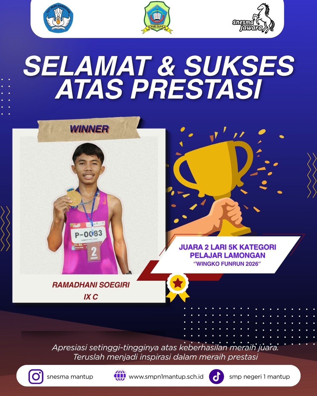 RAMADHANI SOEGIRI SISWA 9C JUARA 2 WINGKO RUN 5 KILOMETER BABAT LAMONGAN